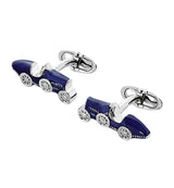 A pair of sterling silver cufflinks designed to resemble a classic car, with a vibrant blue enamel finish.
