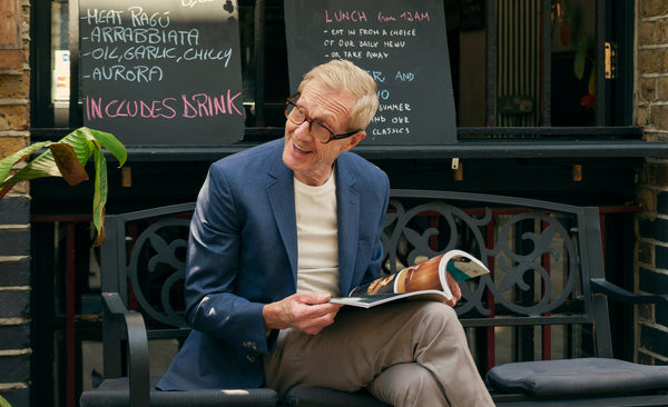 Philip Start in the new aw20 collection from modern tailoring brand in London, Mr. Start. Wearing a mens suit, suit trousers and a mens white t-shirt.